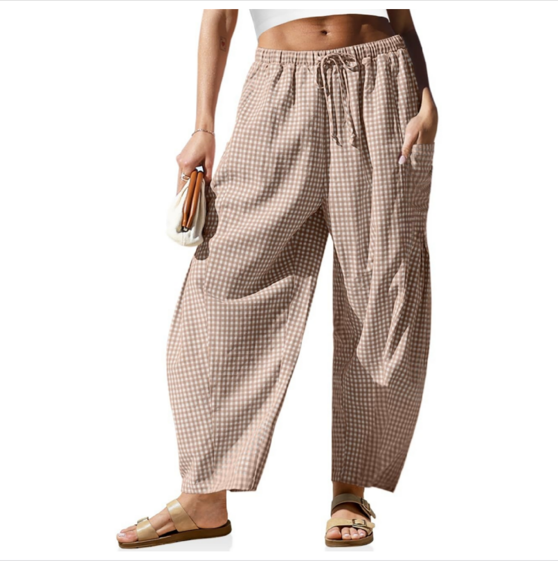 Womens Wide Leg Gingham Striped Plaid Pants