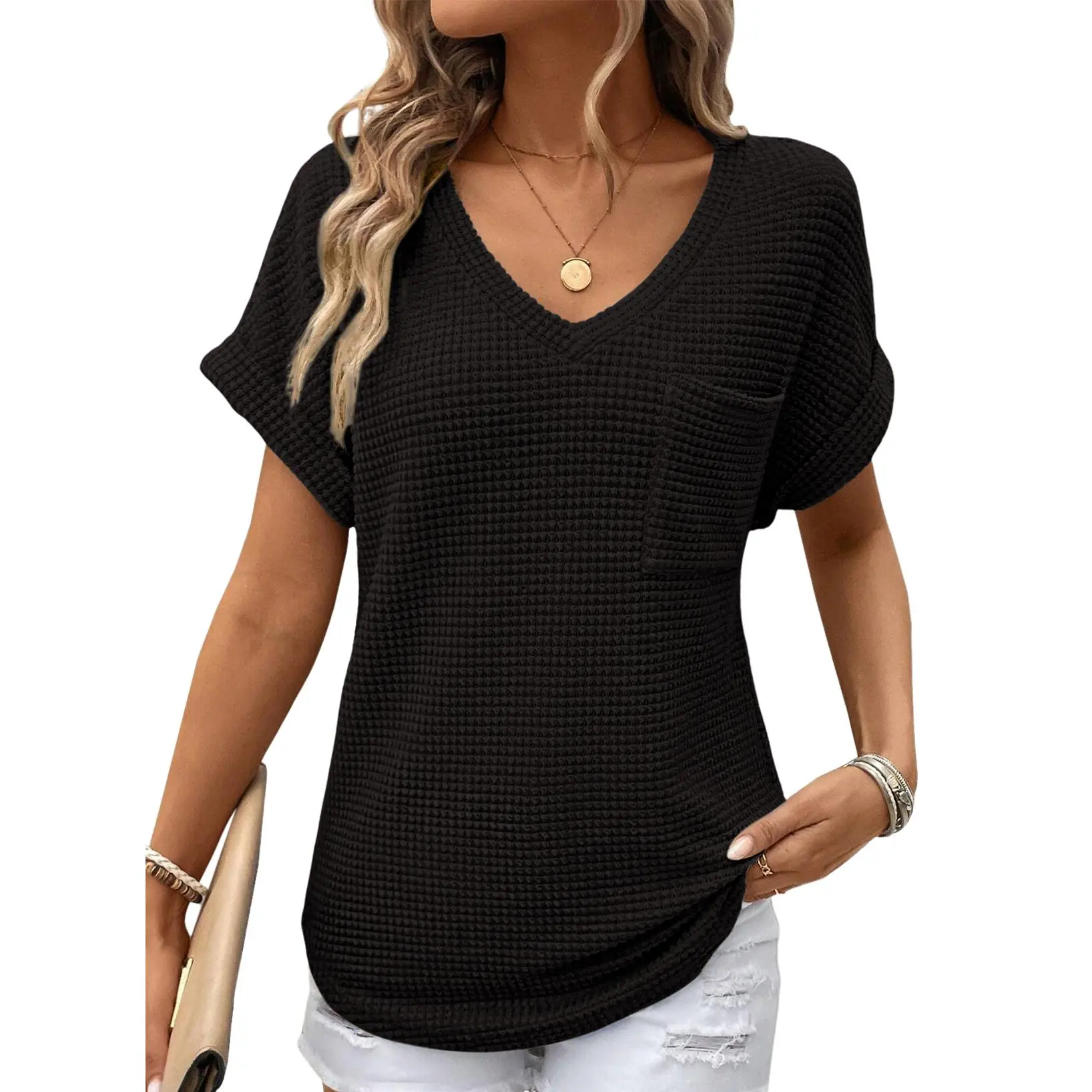 Women's Waffle Knit V-Neck Casual Summer Tops - Lightweight & Breathable Basic Tee for Beach, Party, Work