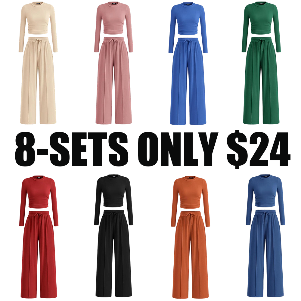 Women's Fall 2-Piece Set – Ribbed Knit Long Sleeve Crop Top & Wide-Leg Pants