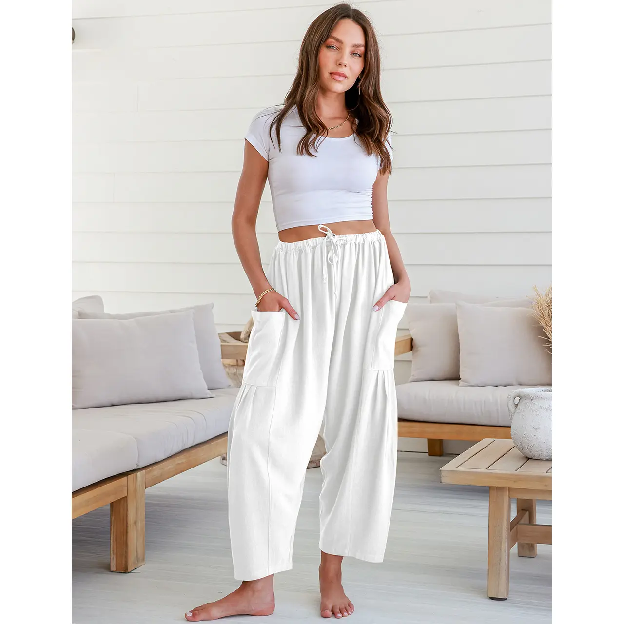 TARSE Women's Linen Wide Leg Pants - Casual Palazzo Harem