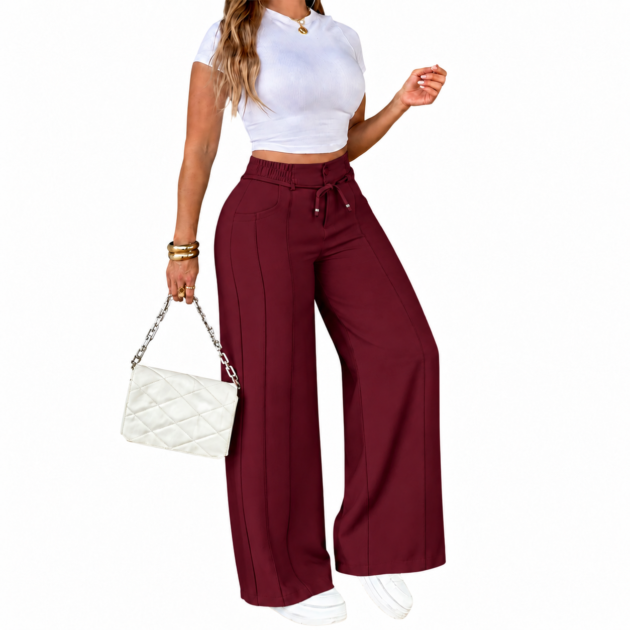 Women's High-Waisted Wide-Leg Pants with Drawstring, Lightweight Summer and Fall Pants