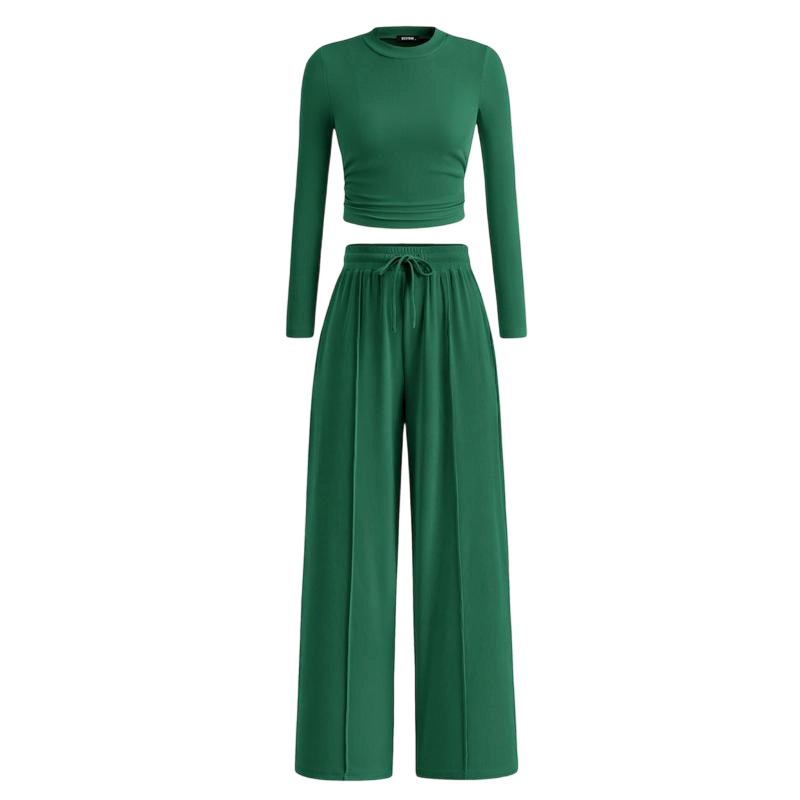 Women's Fall 2-Piece Set – Ribbed Knit Long Sleeve Crop Top & Wide-Leg Pants