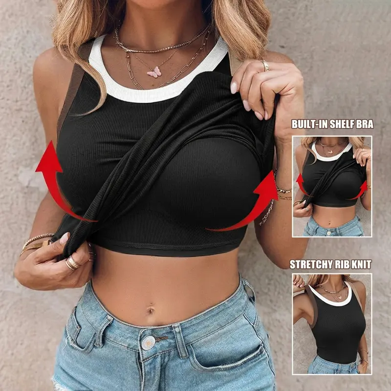 ChicMe Round Neck Ribbed Tank Top with Built-in Bra