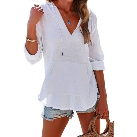 Women's Beach Cover Up hoodies sweatshirt Long Sleeve V-Neck Pocketed Hooded Shirt Top Casual Womenswear