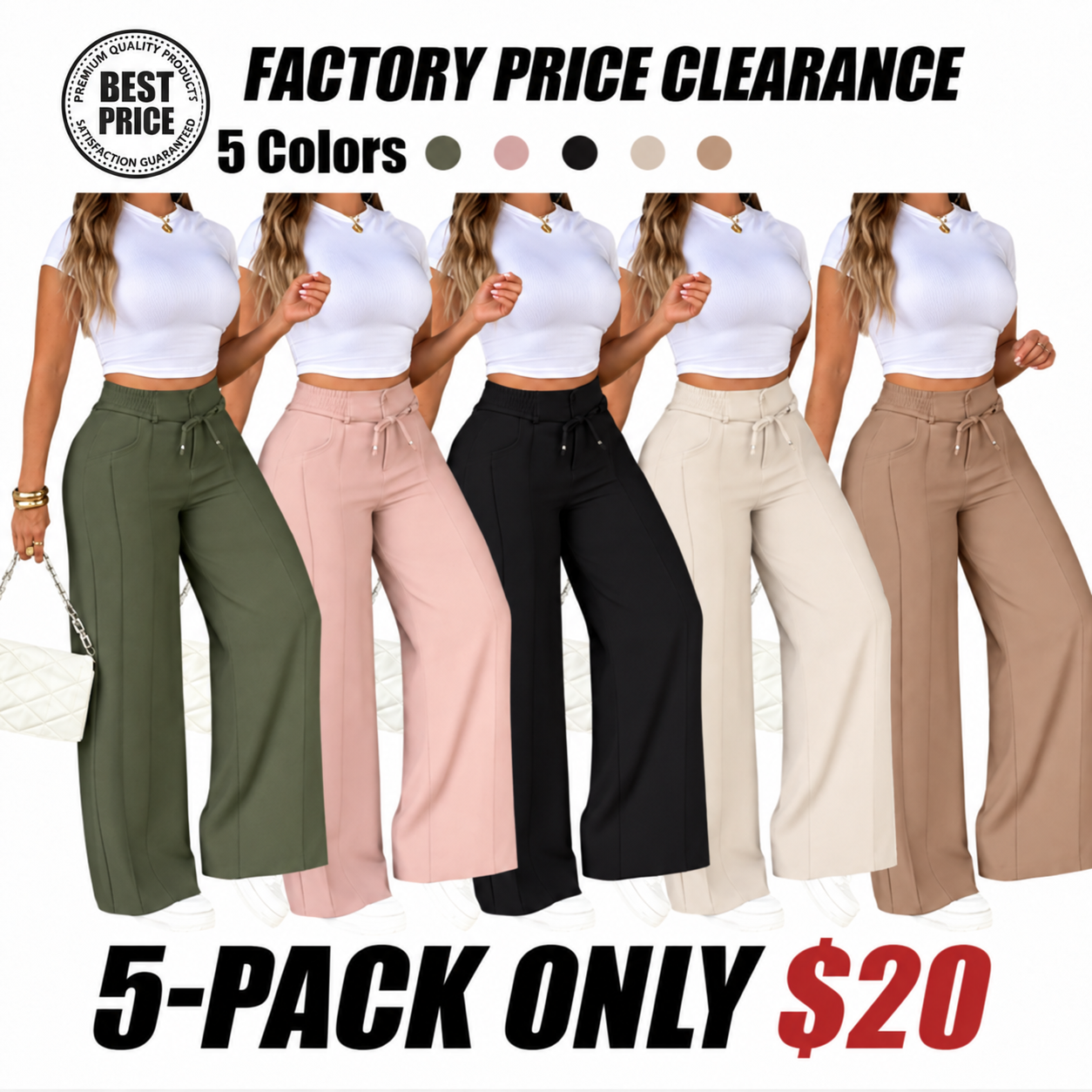 Women's High-Waisted Wide-Leg Pants with Drawstring, Lightweight Summer and Fall Pants