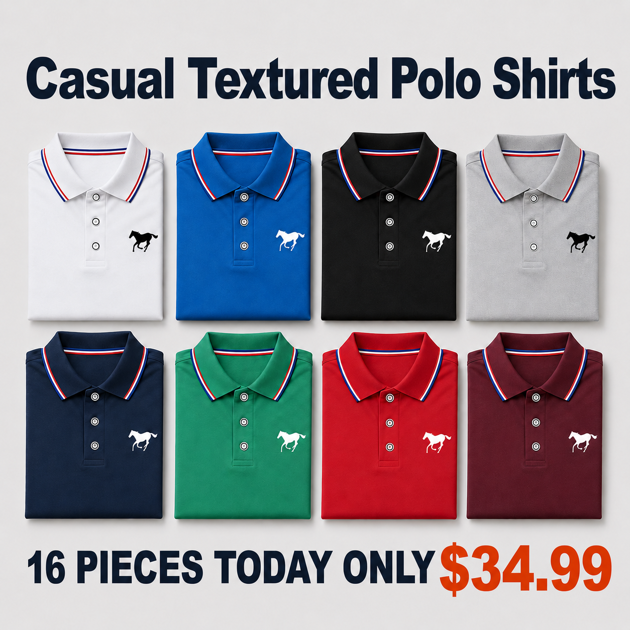 Men's Polo Shirt Set, Polo Style, Casual Fashion, Solid-Color Fitted Short-Sleeve Horse-Print Polo with Contrast Collar, Breathable Shirts for Daily Wear and Golf, Menswear
