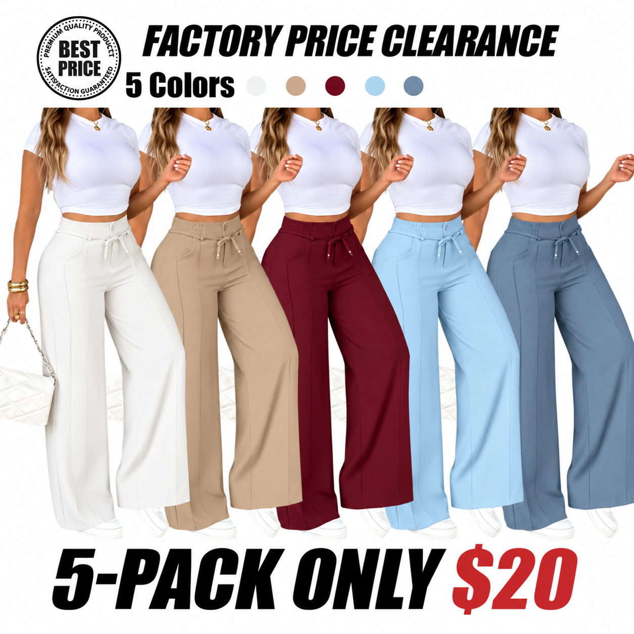 Women's High-Waisted Wide-Leg Pants with Drawstring, Lightweight Summer and Fall Pants