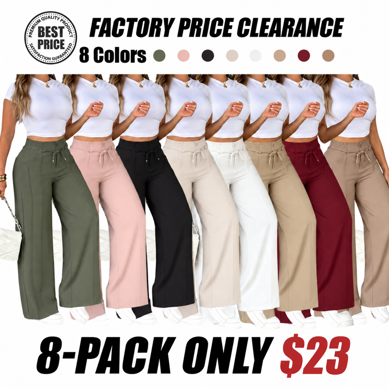 Women's High-Waisted Wide-Leg Pants with Drawstring, Lightweight Summer and Fall Pants