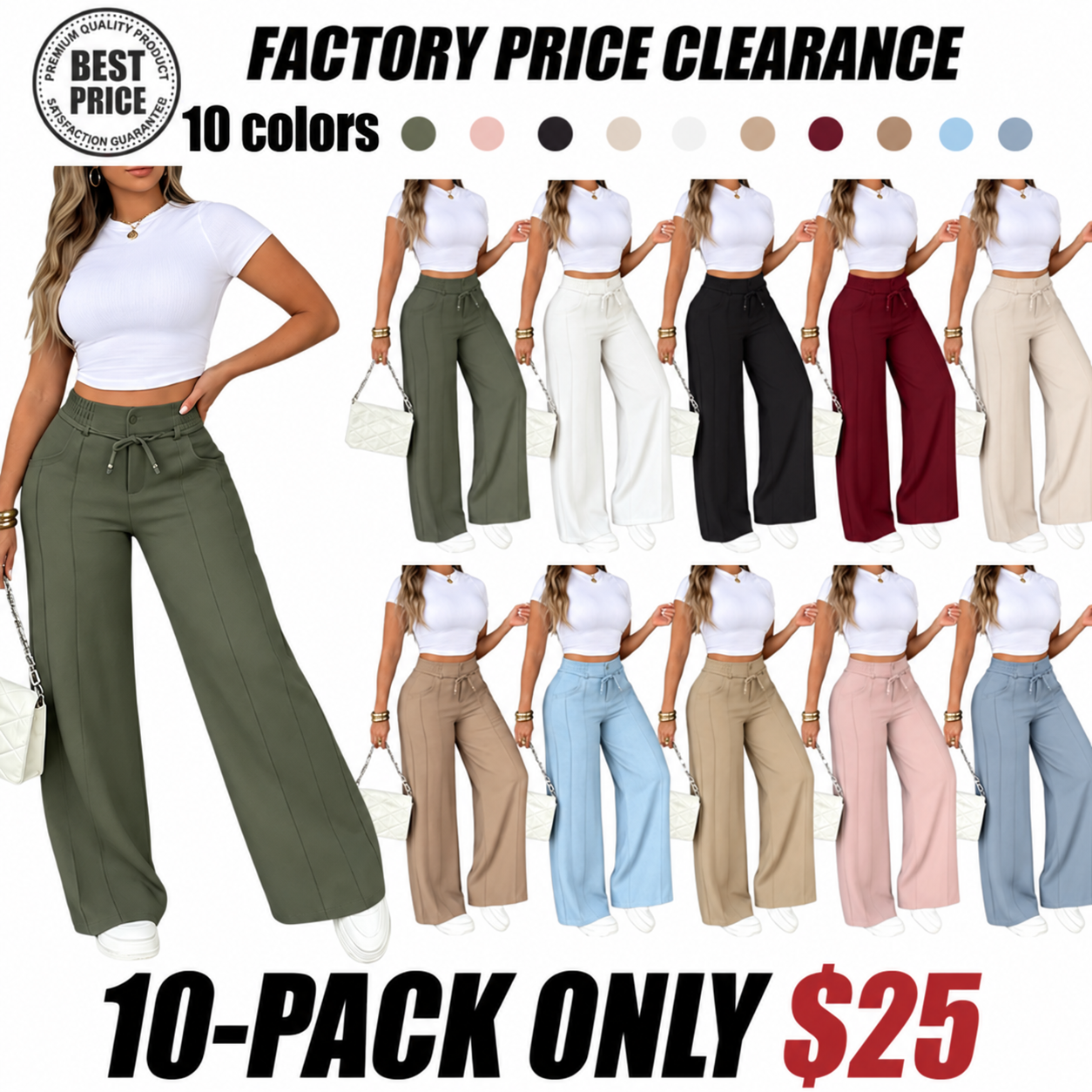 Women's High-Waisted Wide-Leg Pants with Drawstring, Lightweight Summer and Fall Pants