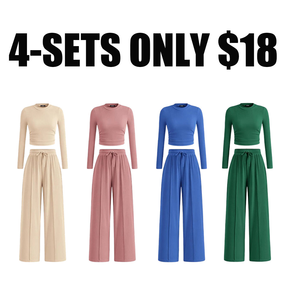 Women's Fall 2-Piece Set – Ribbed Knit Long Sleeve Crop Top & Wide-Leg Pants