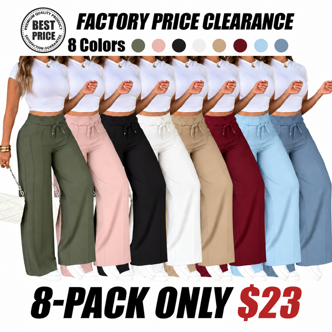 Women's High-Waisted Wide-Leg Pants with Drawstring, Lightweight Summer and Fall Pants