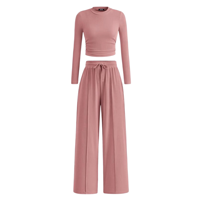 Women's Fall 2-Piece Set – Ribbed Knit Long Sleeve Crop Top & Wide-Leg Pants