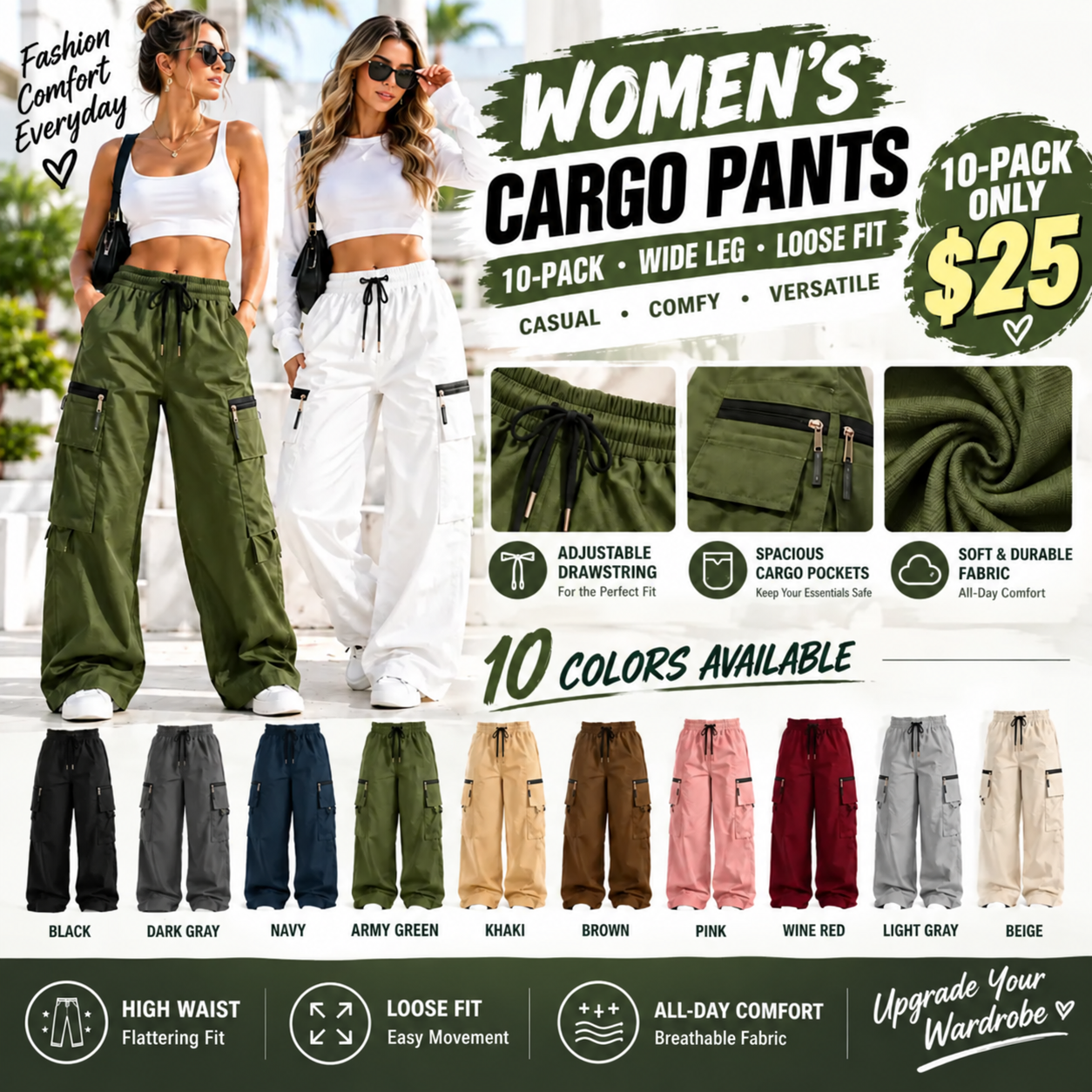 Women’s Lightweight Cargo Pants – Loose Fit Utility Trousers with Multiple Pockets for Everyday Wear