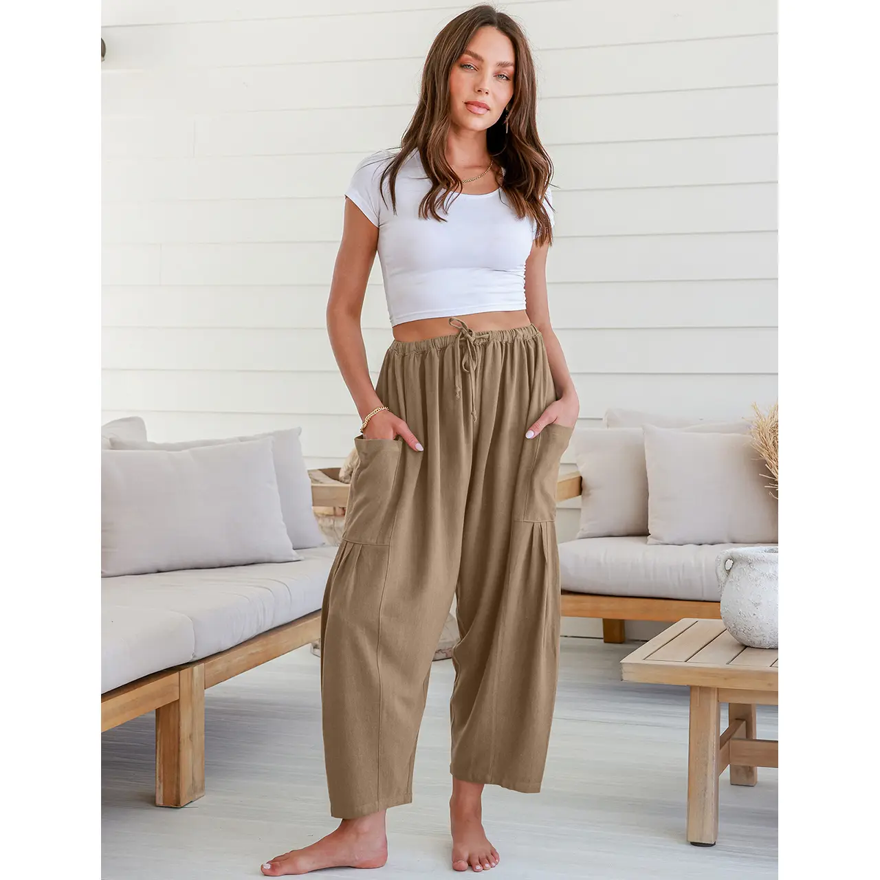 TARSE Women's Linen Wide Leg Pants - Casual Palazzo Harem