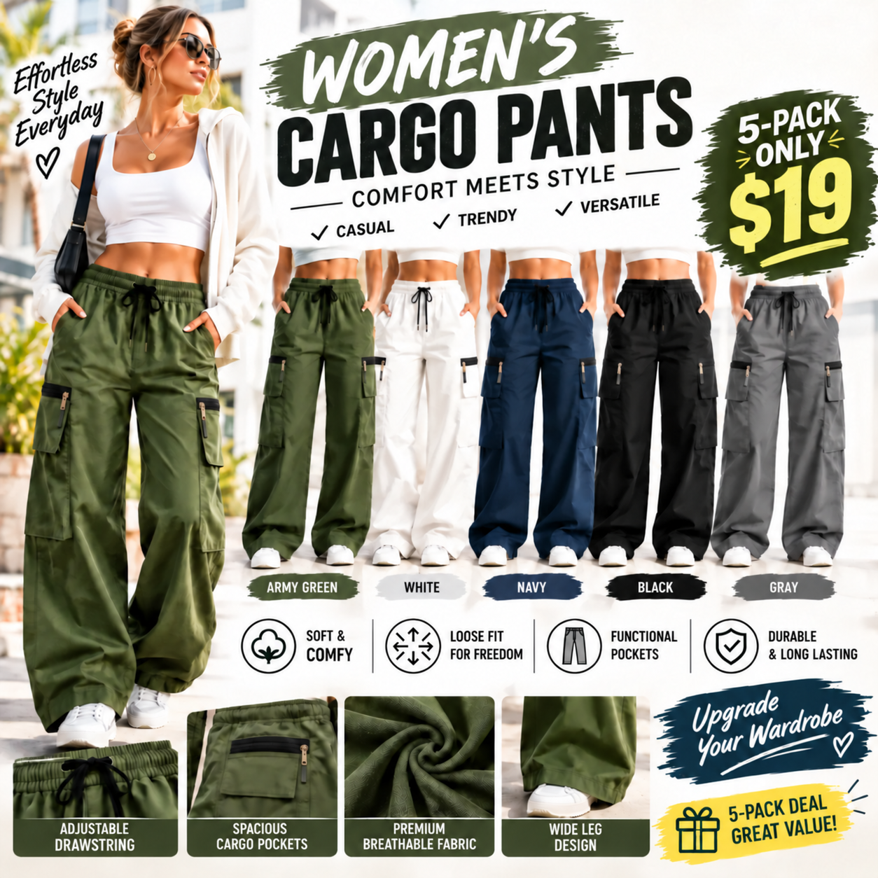 Women’s Lightweight Cargo Pants – Loose Fit Utility Trousers with Multiple Pockets for Everyday Wear