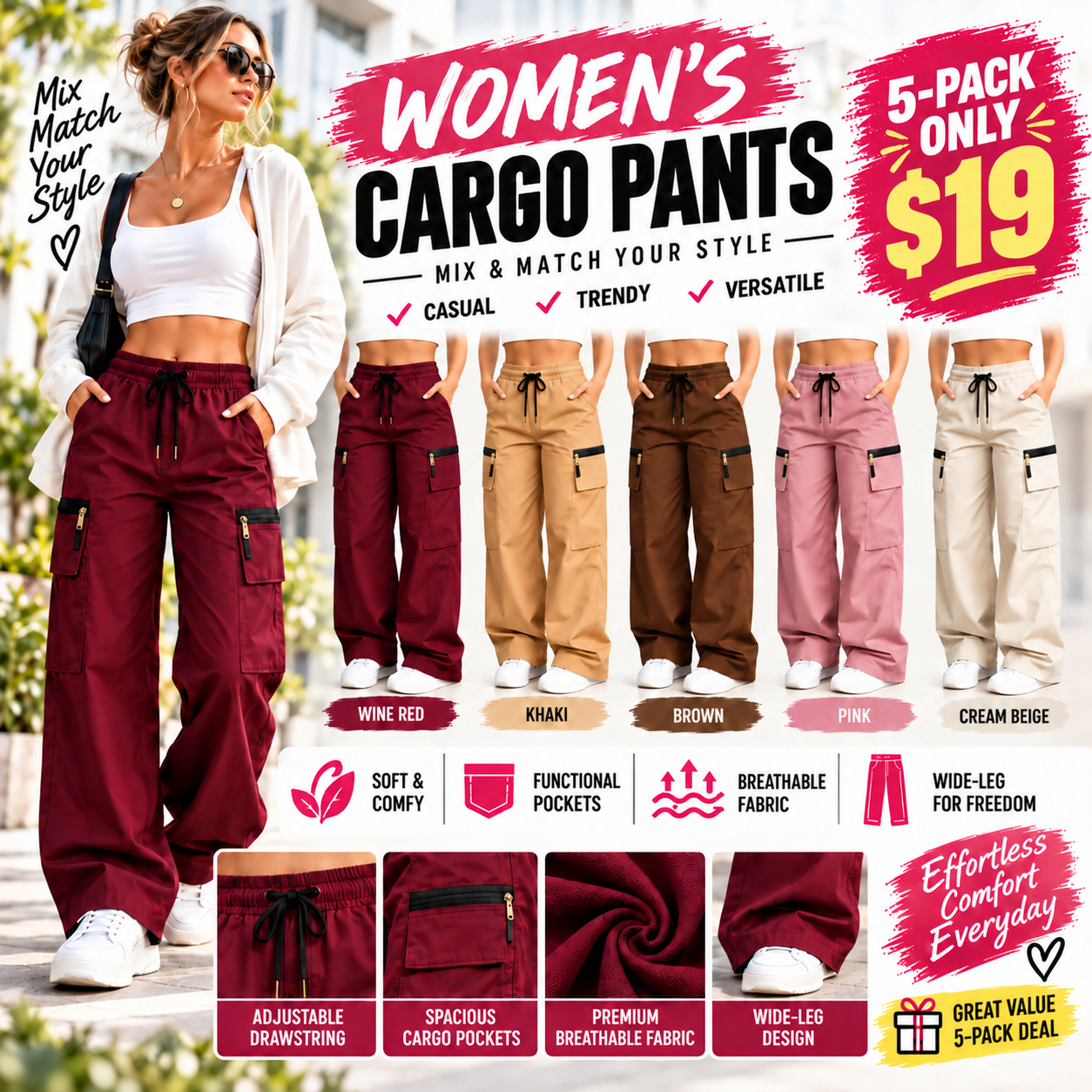 Women’s Lightweight Cargo Pants – Loose Fit Utility Trousers with Multiple Pockets for Everyday Wear