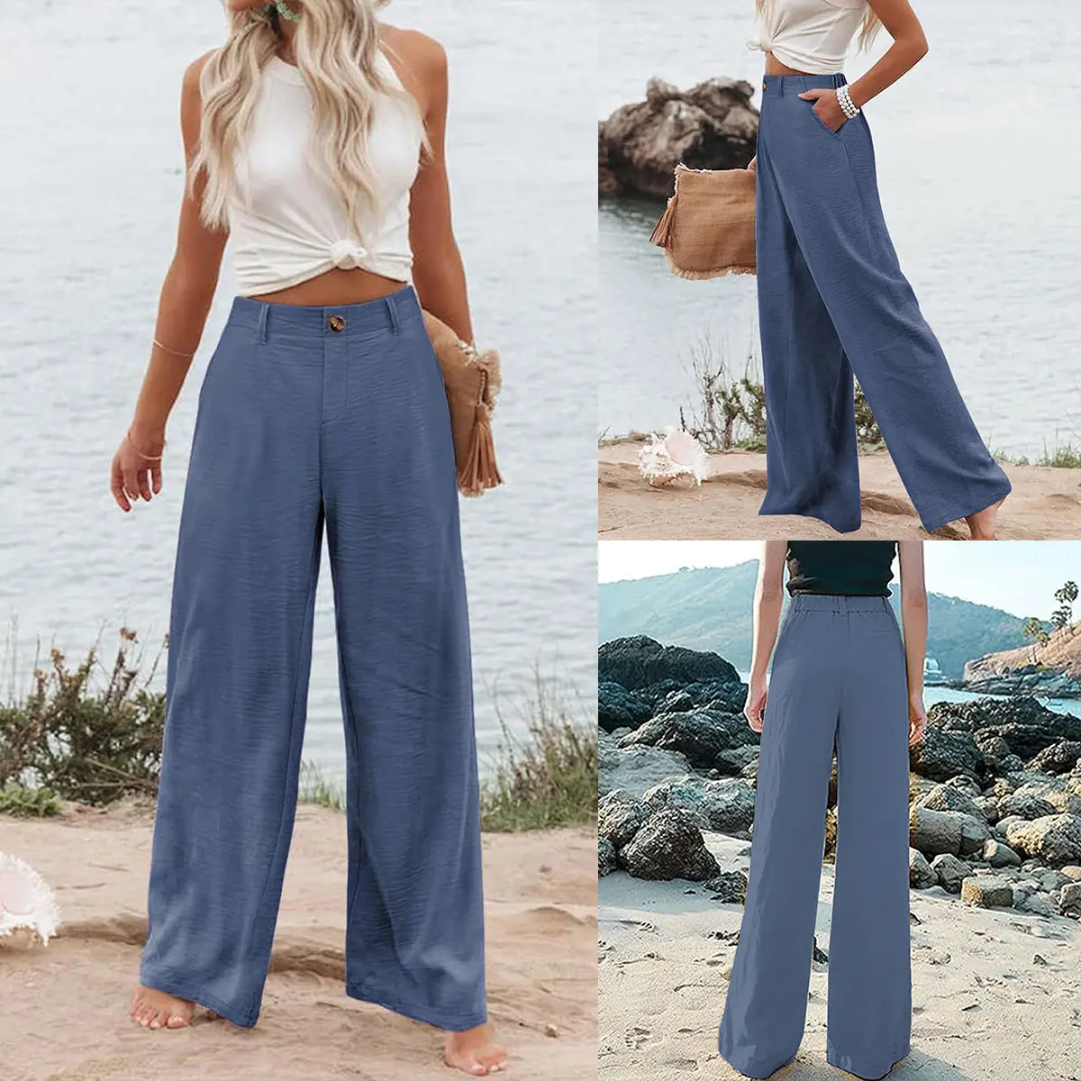 UANEO Women's Cotton Linen Wide Leg Pants Casual Button Up High Waisted Trousers Loose Comfy Spring Summer Womenswear SummerVibes Bohemian Bottoms Minimalist