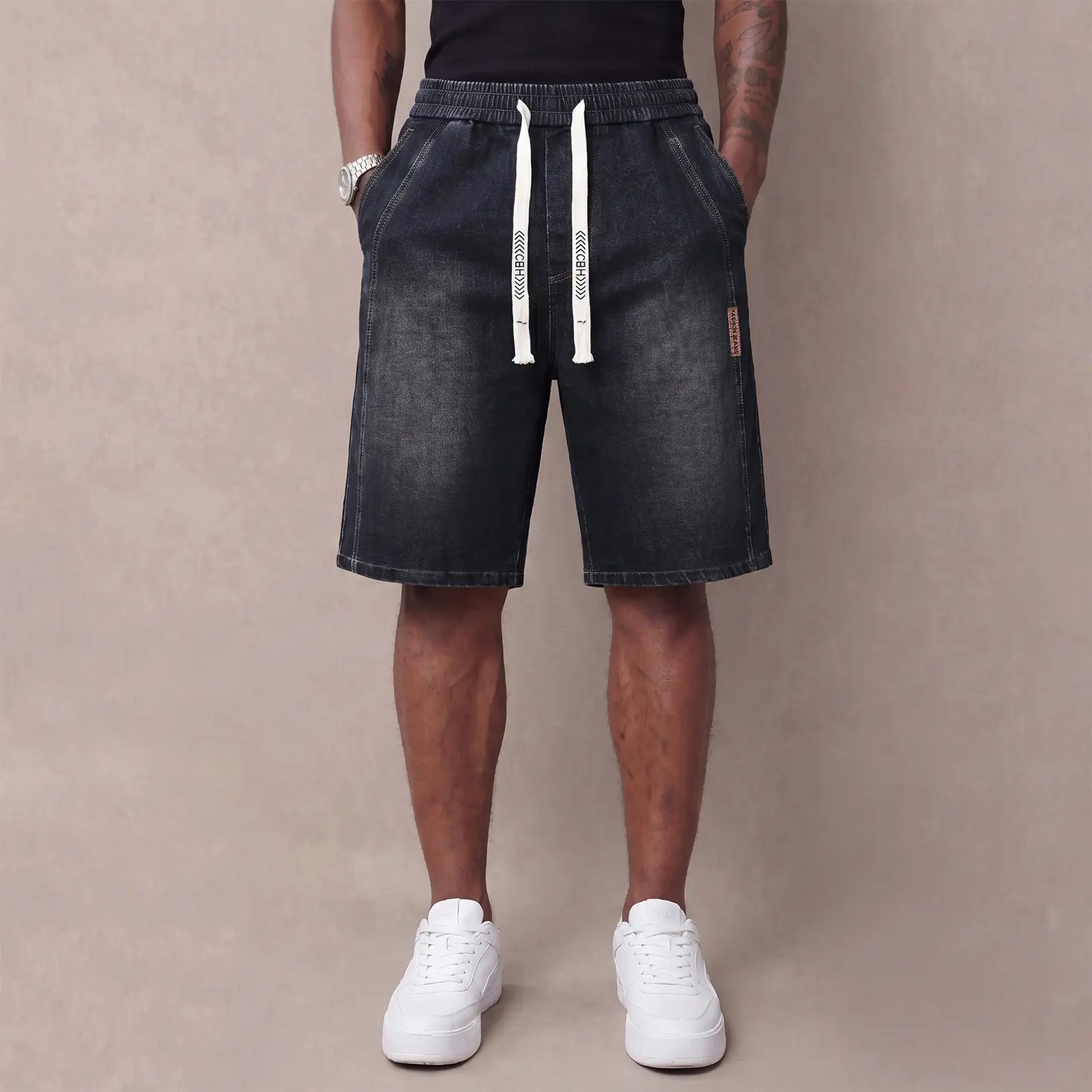 Men’s summer lightweight denim shorts — trendy short men’s pants, loose stretch mid-thigh denim shorts, classic street cotton everyday wear for men, elastic waistband drawstring denim shorts