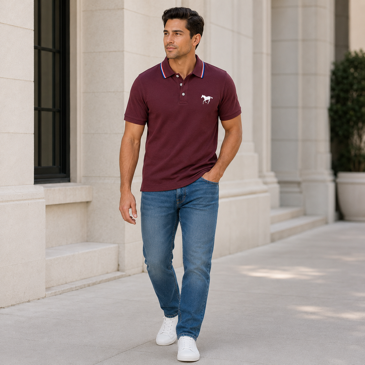 Men's Polo Shirt Set, Polo Style, Casual Fashion, Solid-Color Fitted Short-Sleeve Horse-Print Polo with Contrast Collar, Breathable Shirts for Daily Wear and Golf, Menswear