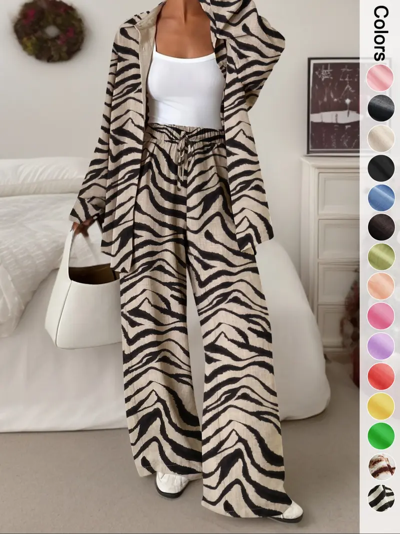 Women's Casual Sporty Shirt and Long Pants Set, Loose Button-Up Top and Wide-Leg Pants Two-Piece Set, Comfortable and Stylish