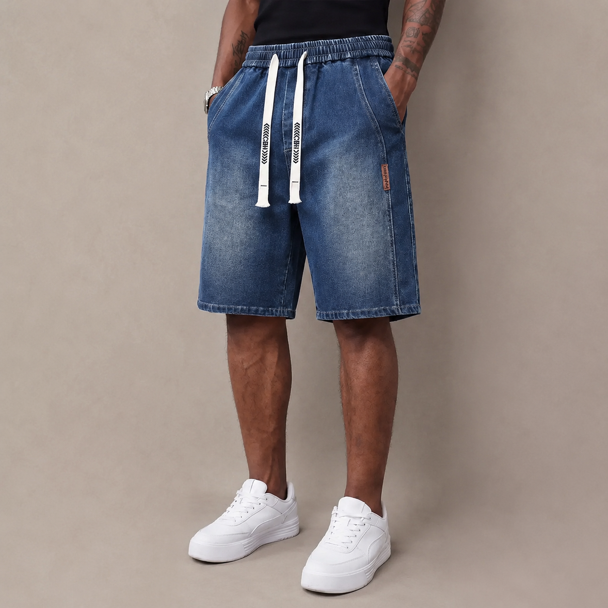 Men’s summer lightweight denim shorts — trendy short men’s pants, loose stretch mid-thigh denim shorts, classic street cotton everyday wear for men, elastic waistband drawstring denim shorts
