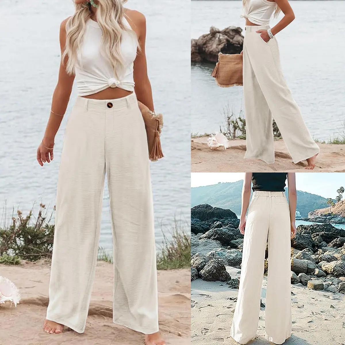 UANEO Women's Cotton Linen Wide Leg Pants Casual Button Up High Waisted Trousers Loose Comfy Spring Summer Womenswear SummerVibes Bohemian Bottoms Minimalist
