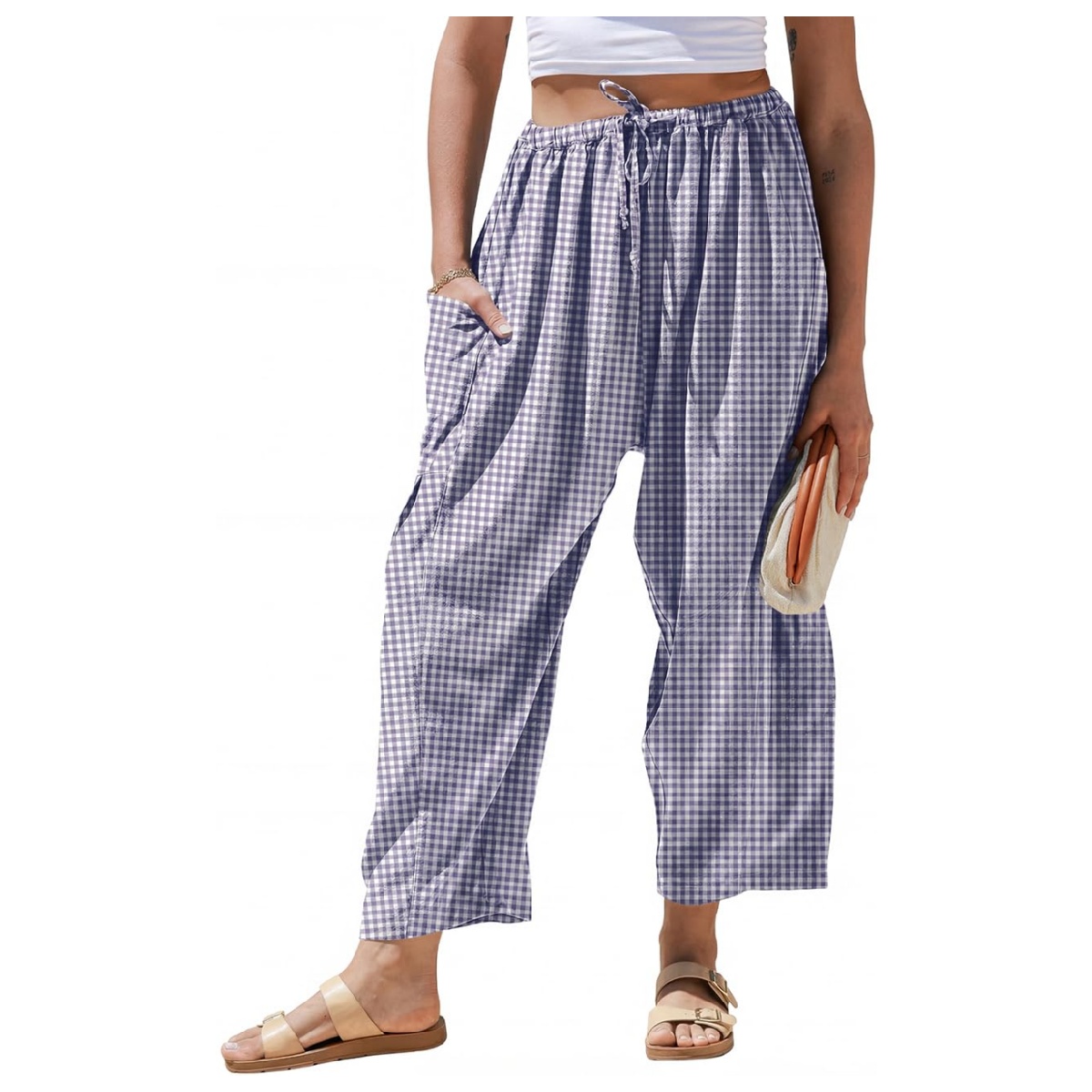 Womens Wide Leg Gingham Striped Plaid Pants