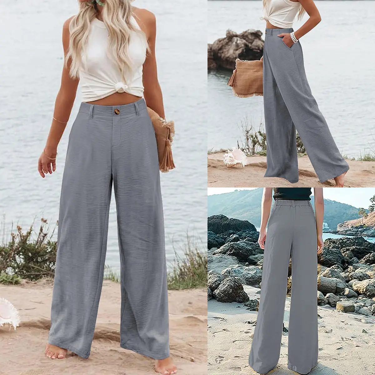 UANEO Women's Cotton Linen Wide Leg Pants Casual Button Up High Waisted Trousers Loose Comfy Spring Summer Womenswear SummerVibes Bohemian Bottoms Minimalist