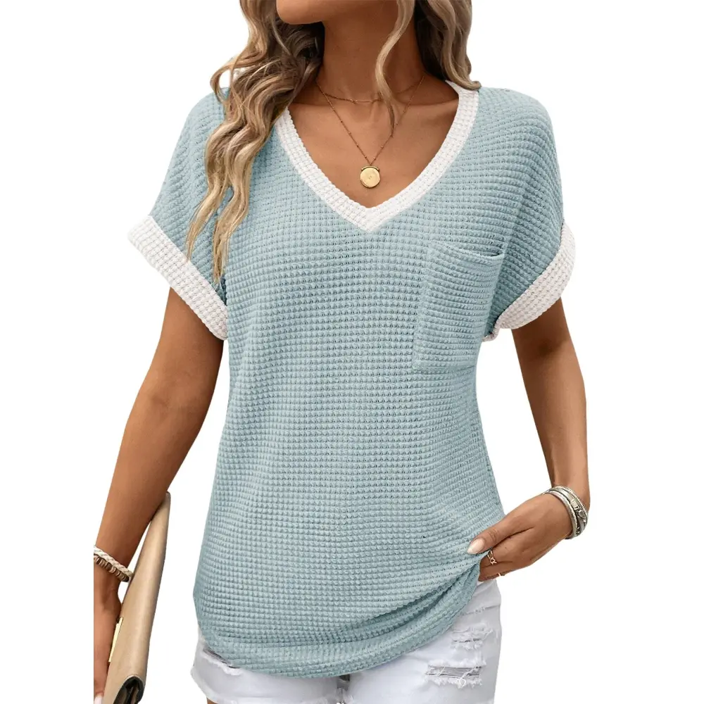 Women's Waffle Knit V-Neck Casual Summer Tops - Lightweight & Breathable Basic Tee for Beach, Party, Work