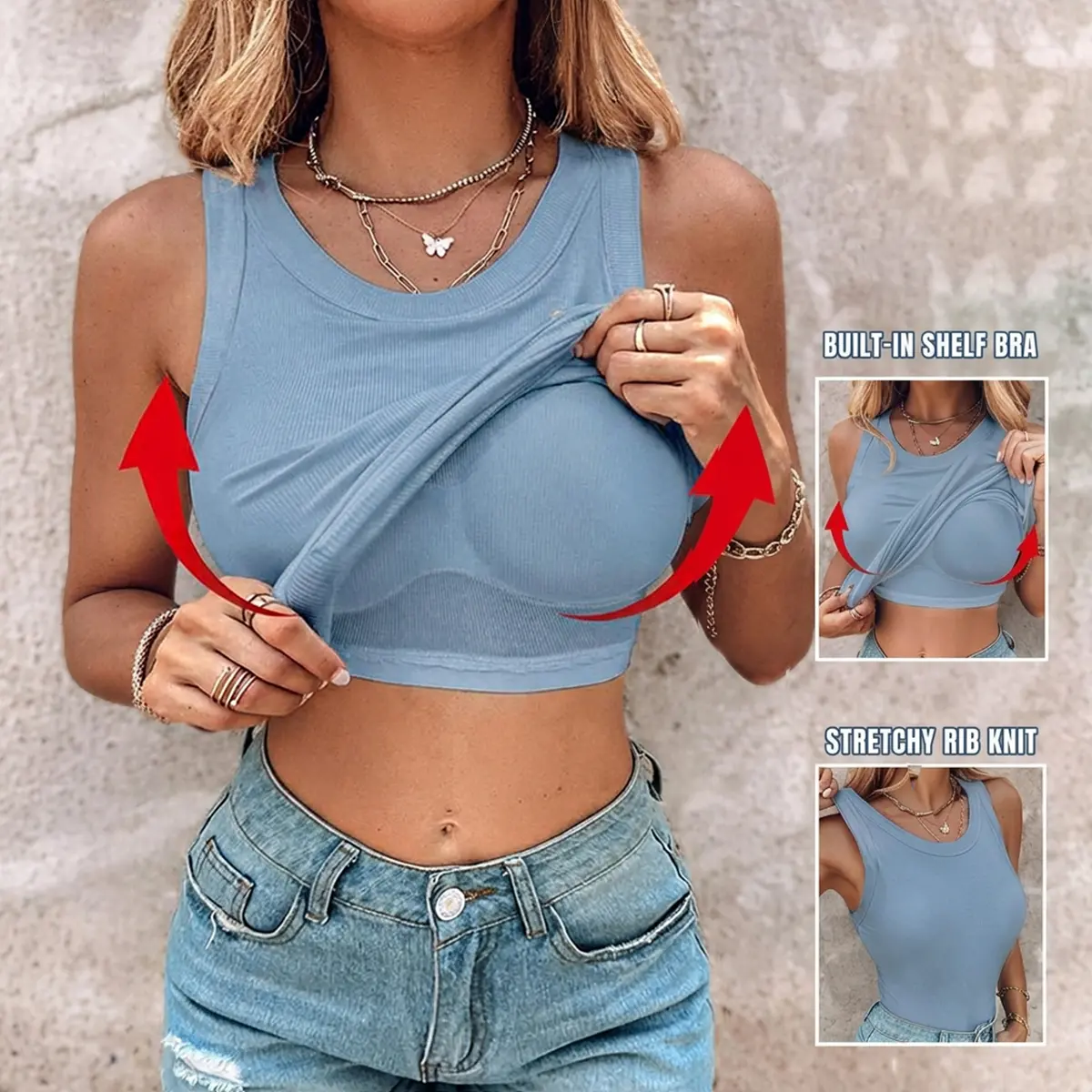 ChicMe Round Neck Ribbed Tank Top with Built-in Bra
