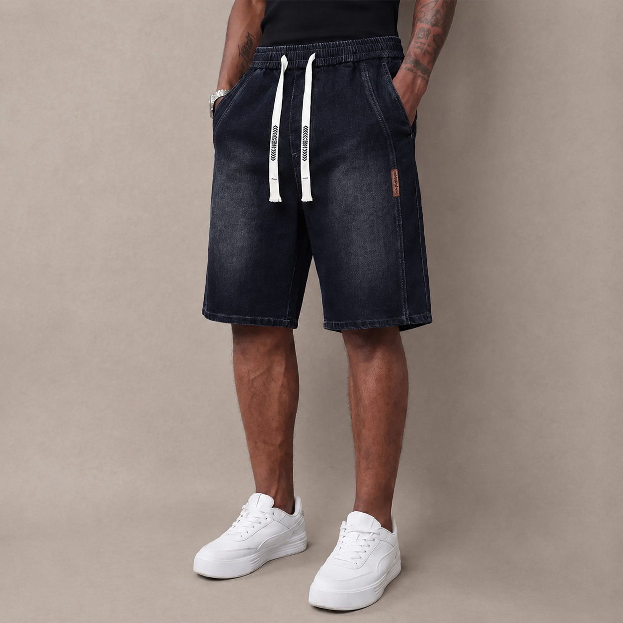 Men’s summer lightweight denim shorts — trendy short men’s pants, loose stretch mid-thigh denim shorts, classic street cotton everyday wear for men, elastic waistband drawstring denim shorts