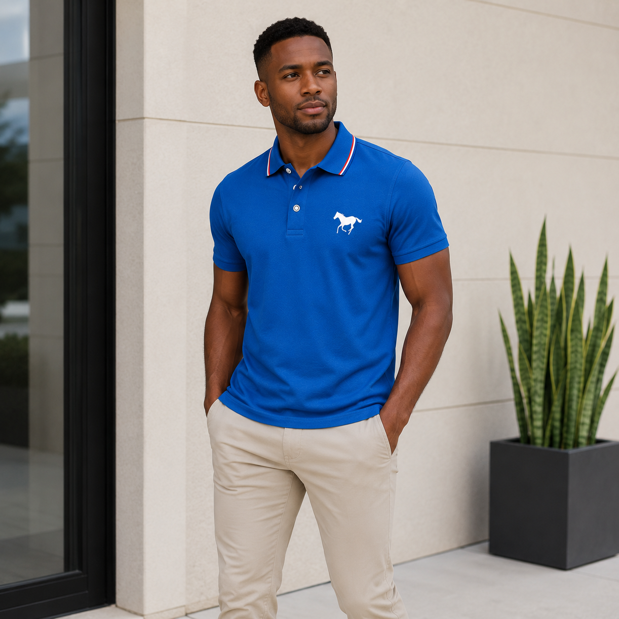 Men's Polo Shirt Set, Polo Style, Casual Fashion, Solid-Color Fitted Short-Sleeve Horse-Print Polo with Contrast Collar, Breathable Shirts for Daily Wear and Golf, Menswear