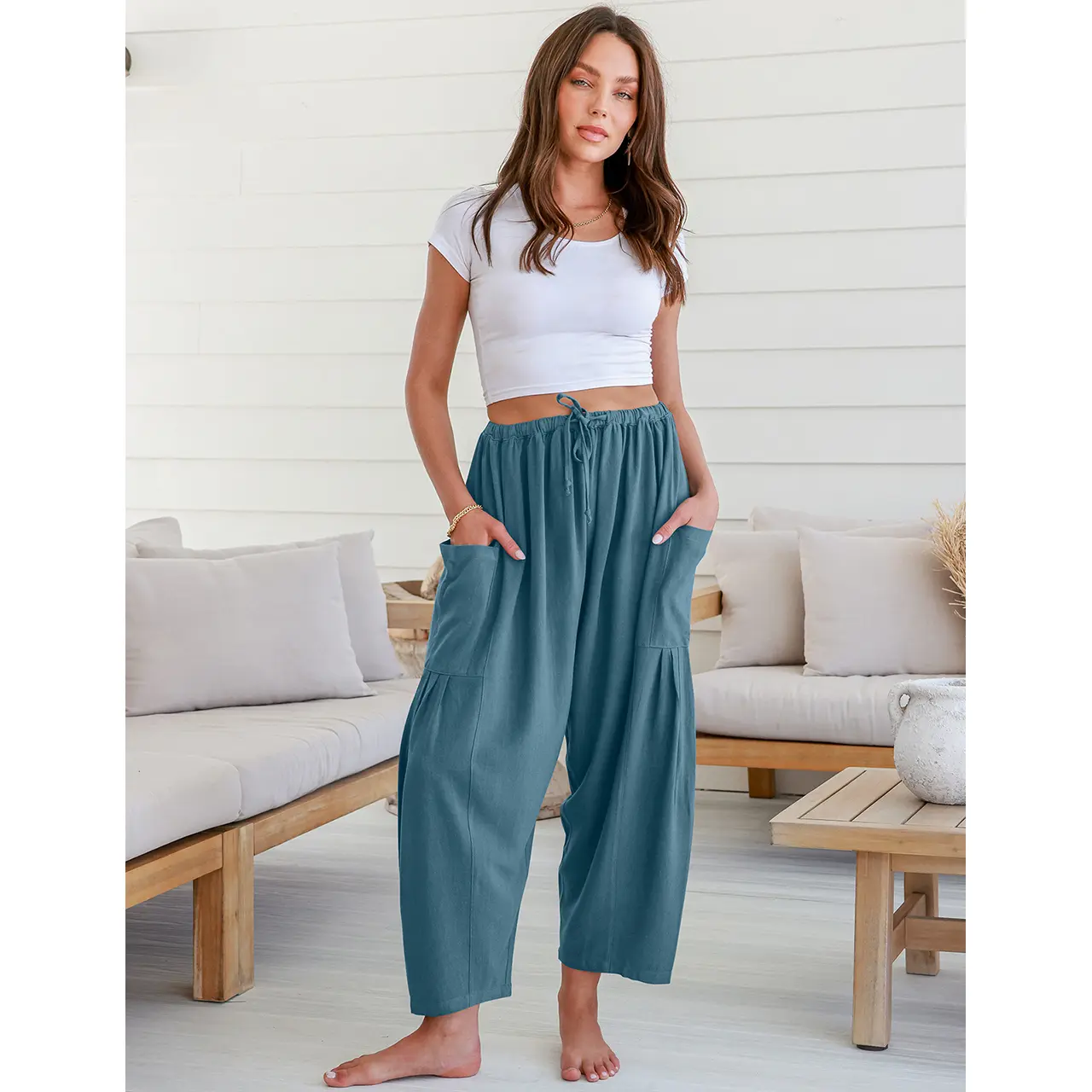 TARSE Women's Linen Wide Leg Pants - Casual Palazzo Harem