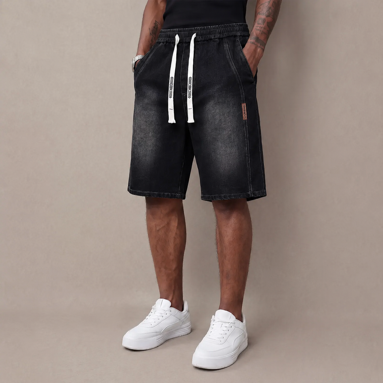 Men’s summer lightweight denim shorts — trendy short men’s pants, loose stretch mid-thigh denim shorts, classic street cotton everyday wear for men, elastic waistband drawstring denim shorts
