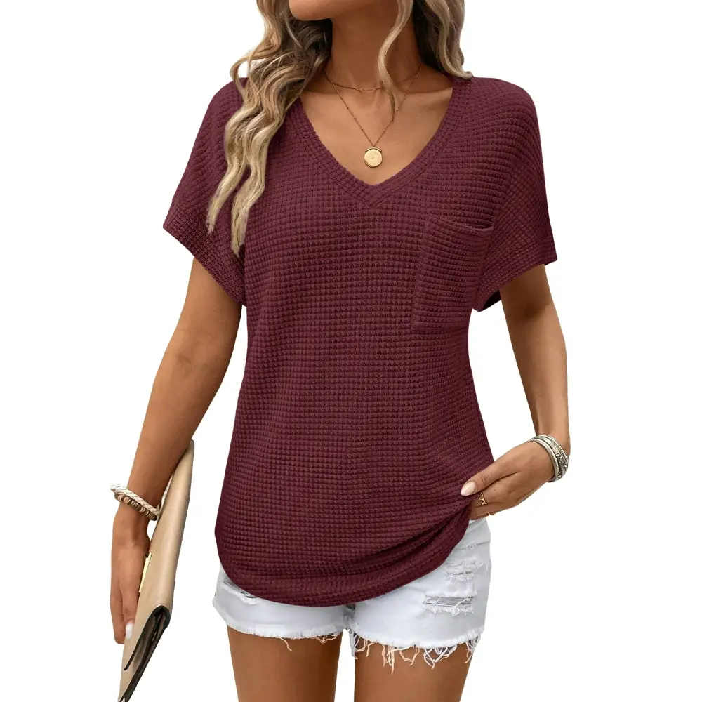 Women's Waffle Knit V-Neck Casual Summer Tops - Lightweight & Breathable Basic Tee for Beach, Party, Work
