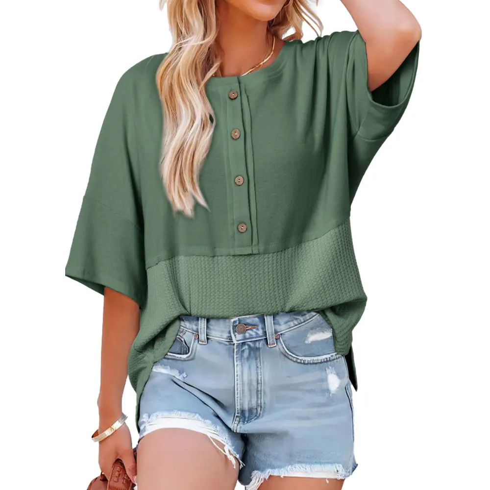 Womens Waffle Knit Tops 3/4 Sleeve Casual Button Down Shirts Crew Neck Oversized Patchwork Blouses