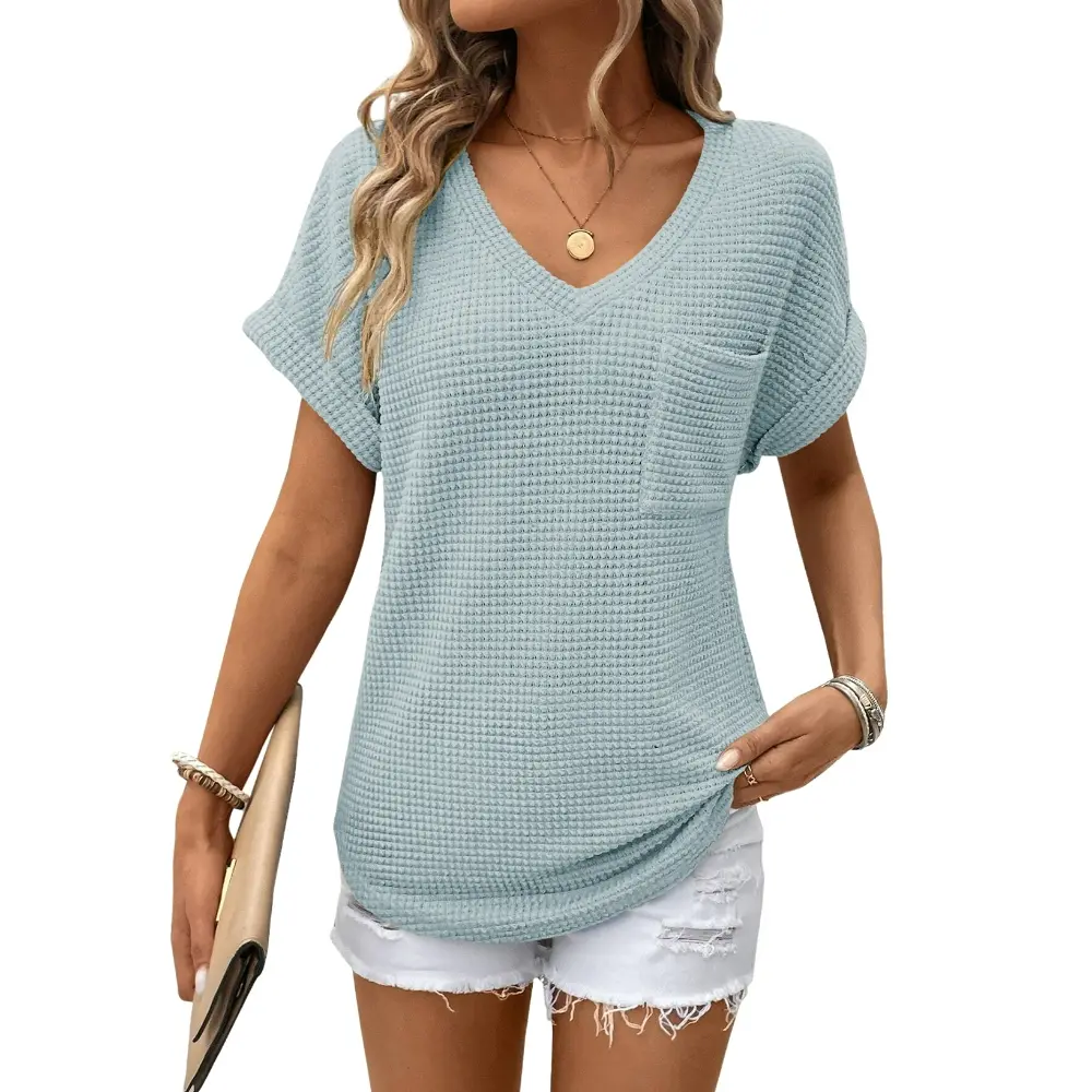 Women's Waffle Knit V-Neck Casual Summer Tops - Lightweight & Breathable Basic Tee for Beach, Party, Work