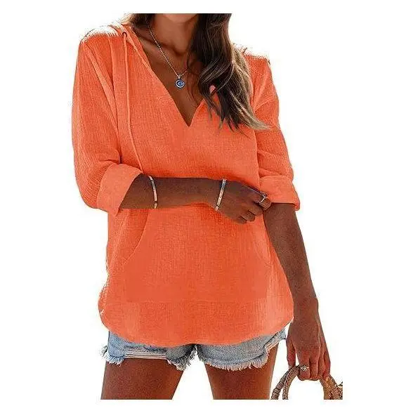 Women's Beach Cover Up hoodies sweatshirt Long Sleeve V-Neck Pocketed Hooded Shirt Top Casual Womenswear
