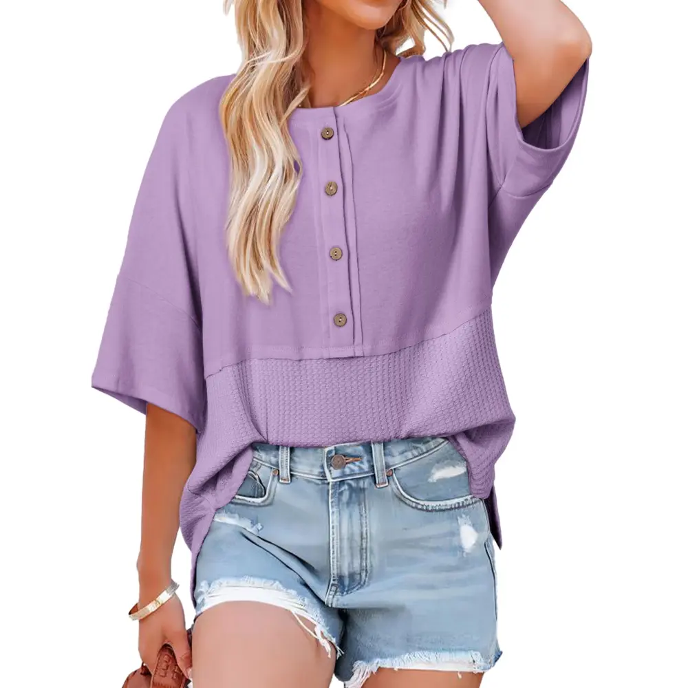 Womens Waffle Knit Tops 3/4 Sleeve Casual Button Down Shirts Crew Neck Oversized Patchwork Blouses
