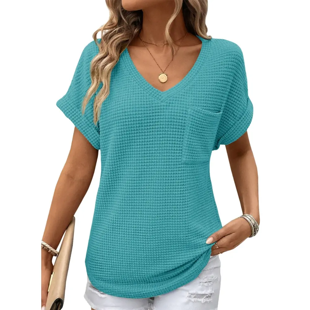 Women's Waffle Knit V-Neck Casual Summer Tops - Lightweight & Breathable Basic Tee for Beach, Party, Work