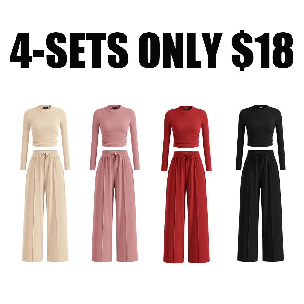 Women's Fall 2-Piece Set – Ribbed Knit Long Sleeve Crop Top & Wide-Leg Pants