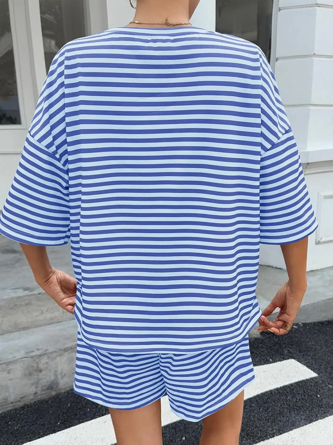 Womens Striped Short Sets 2 Piece Outfits Sweatsuits 3/4 Sleeve Pajamas Casual Lounge Sets