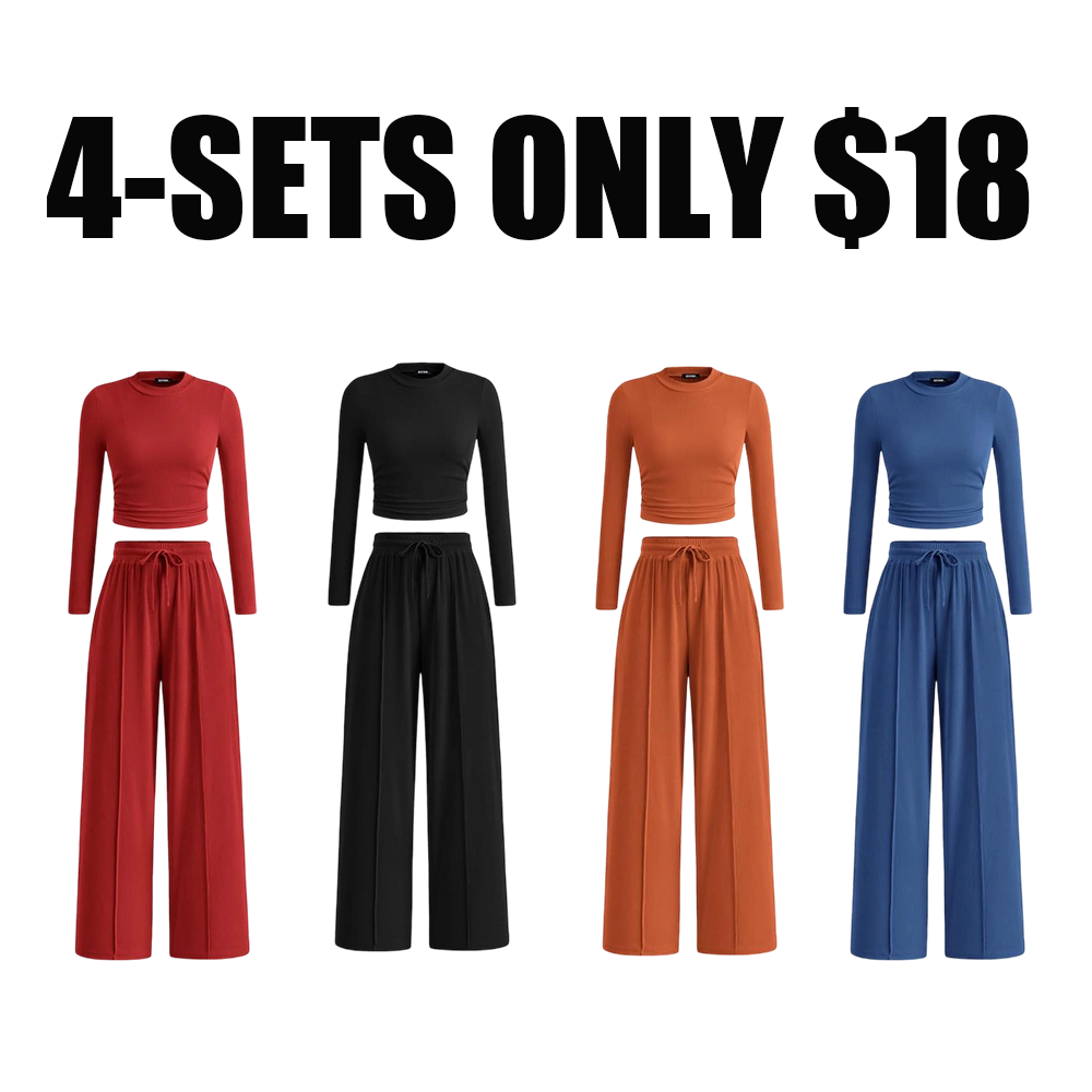 Women's Fall 2-Piece Set – Ribbed Knit Long Sleeve Crop Top & Wide-Leg Pants