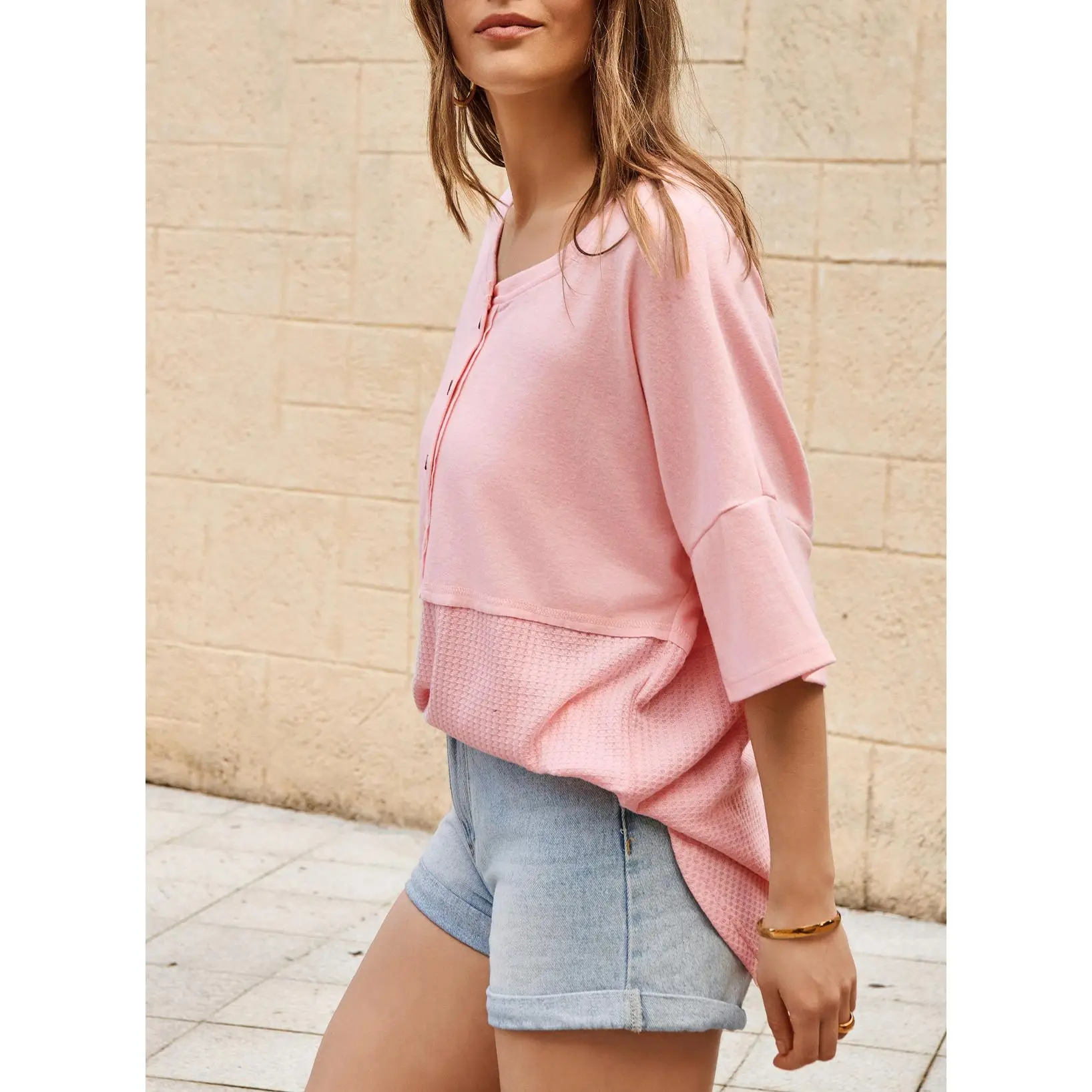 Womens Waffle Knit Tops 3/4 Sleeve Casual Button Down Shirts Crew Neck Oversized Patchwork Blouses