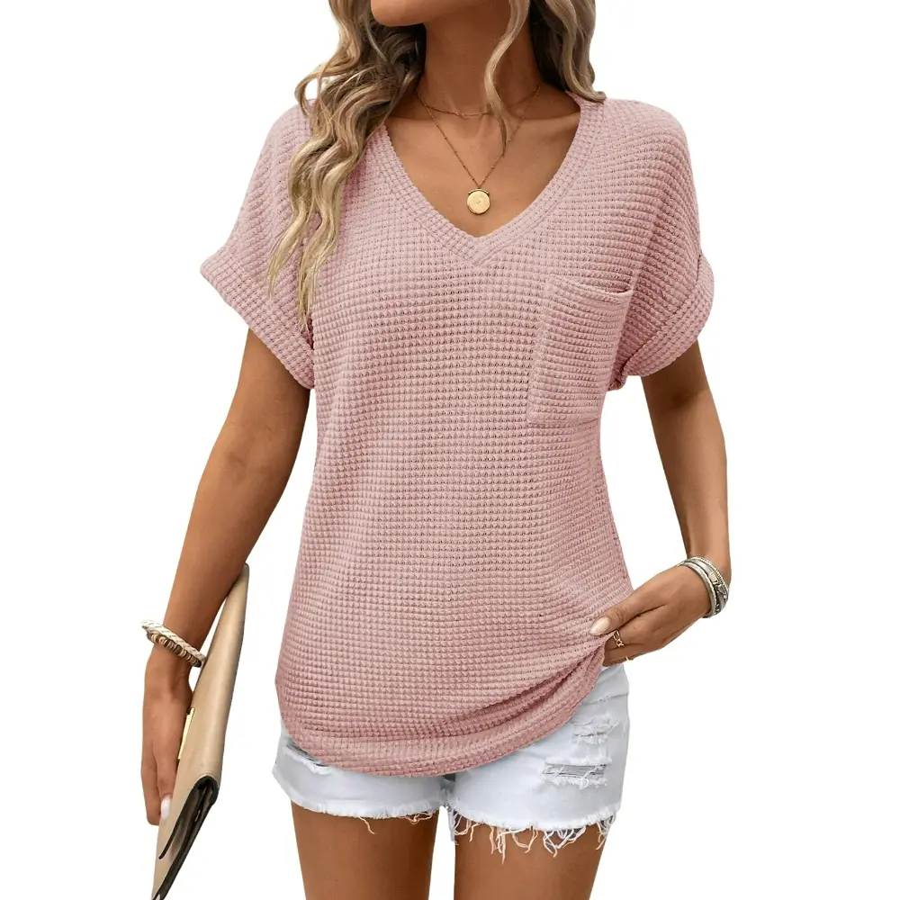 Women's Waffle Knit V-Neck Casual Summer Tops - Lightweight & Breathable Basic Tee for Beach, Party, Work
