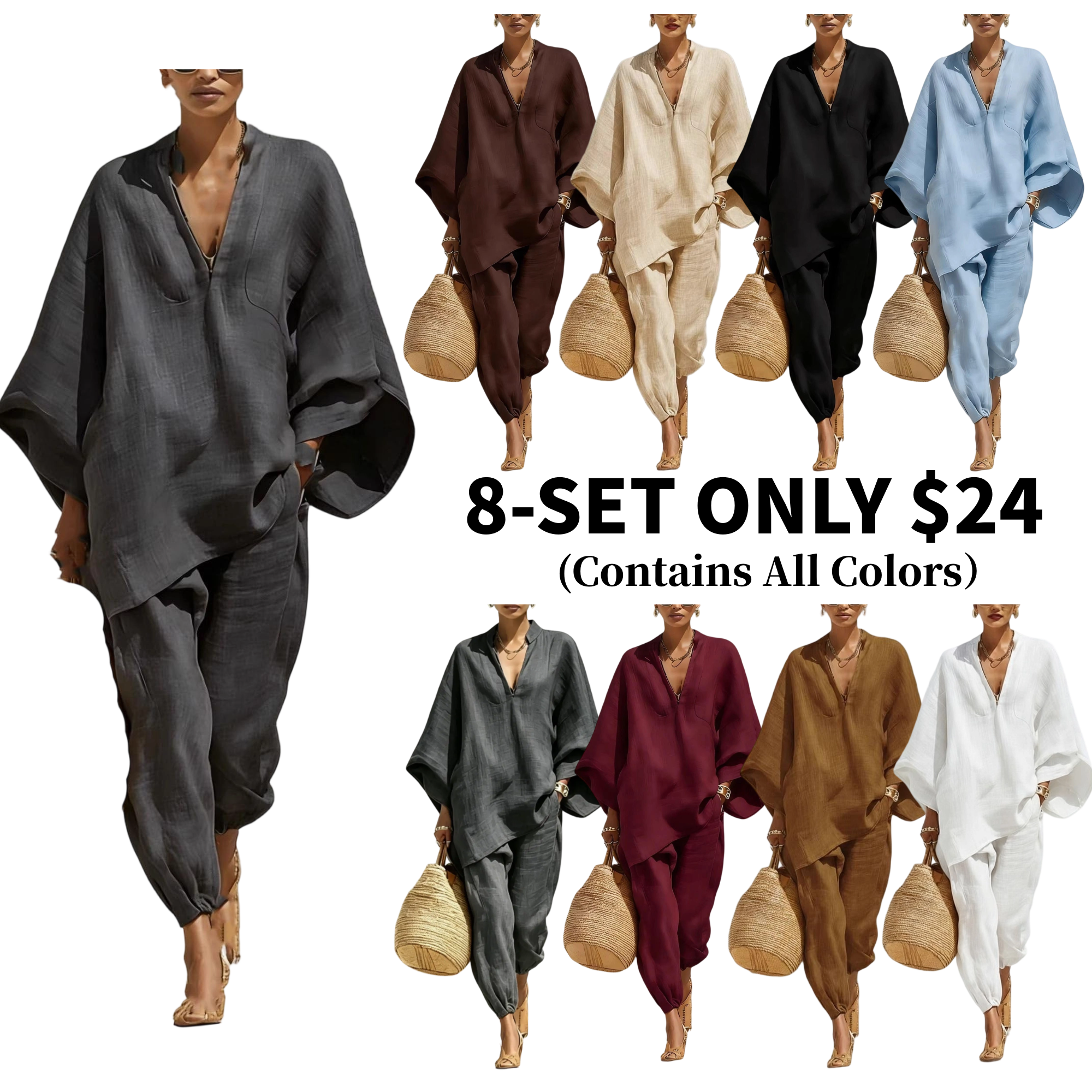 Women V Neck Top & Jogger Pants Two Piece Outfit