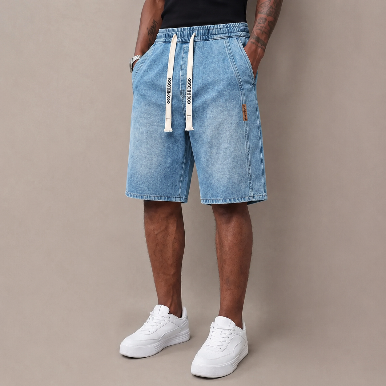 Men’s summer lightweight denim shorts — trendy short men’s pants, loose stretch mid-thigh denim shorts, classic street cotton everyday wear for men, elastic waistband drawstring denim shorts