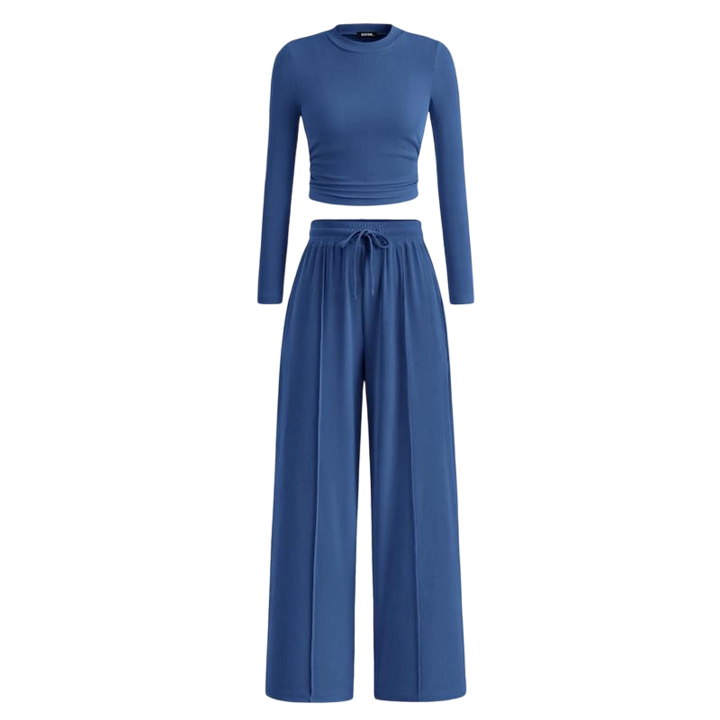 Women's Fall 2-Piece Set – Ribbed Knit Long Sleeve Crop Top & Wide-Leg Pants
