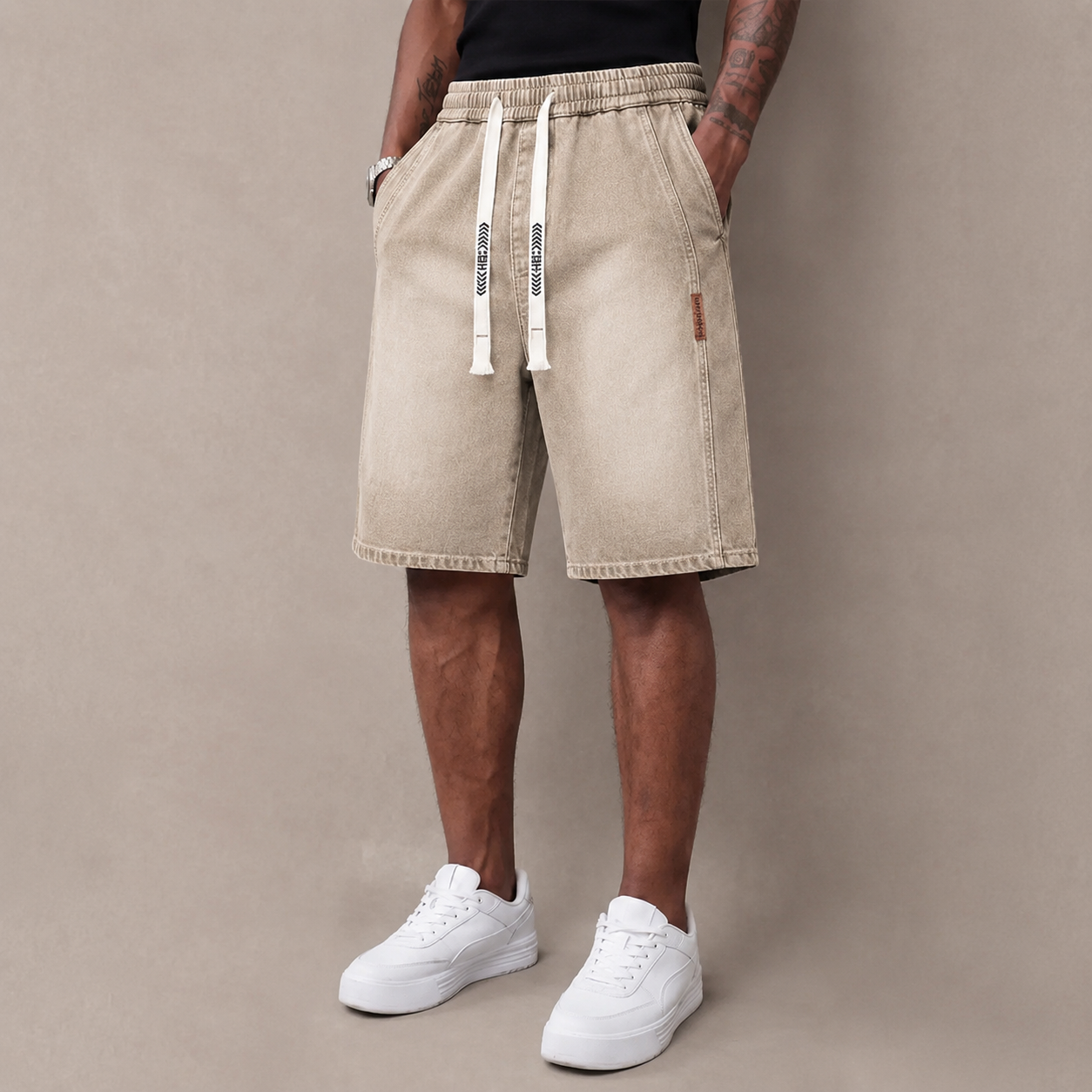 Men’s summer lightweight denim shorts — trendy short men’s pants, loose stretch mid-thigh denim shorts, classic street cotton everyday wear for men, elastic waistband drawstring denim shorts