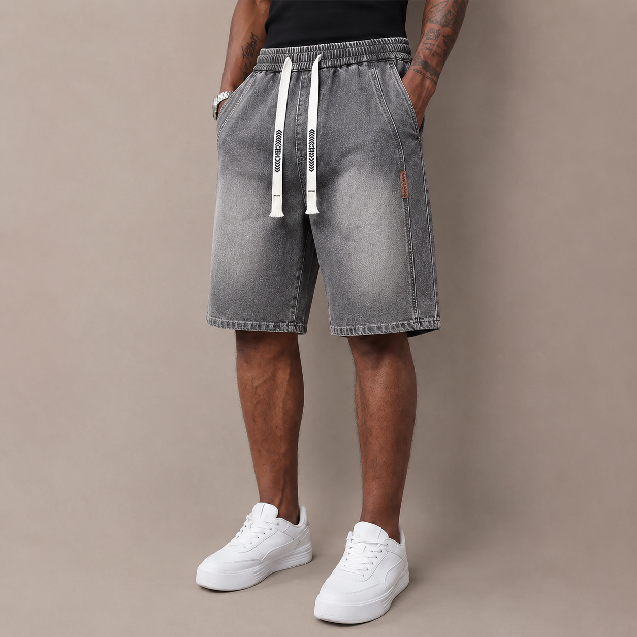 Men’s summer lightweight denim shorts — trendy short men’s pants, loose stretch mid-thigh denim shorts, classic street cotton everyday wear for men, elastic waistband drawstring denim shorts
